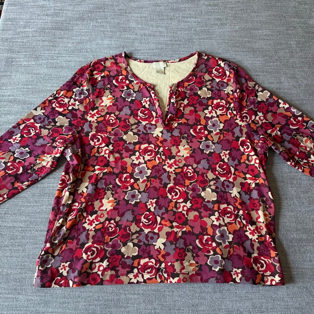 Sigrid Olsen Sport Top Women 3X Red Floral Long Sleeve Mesh Split Neck